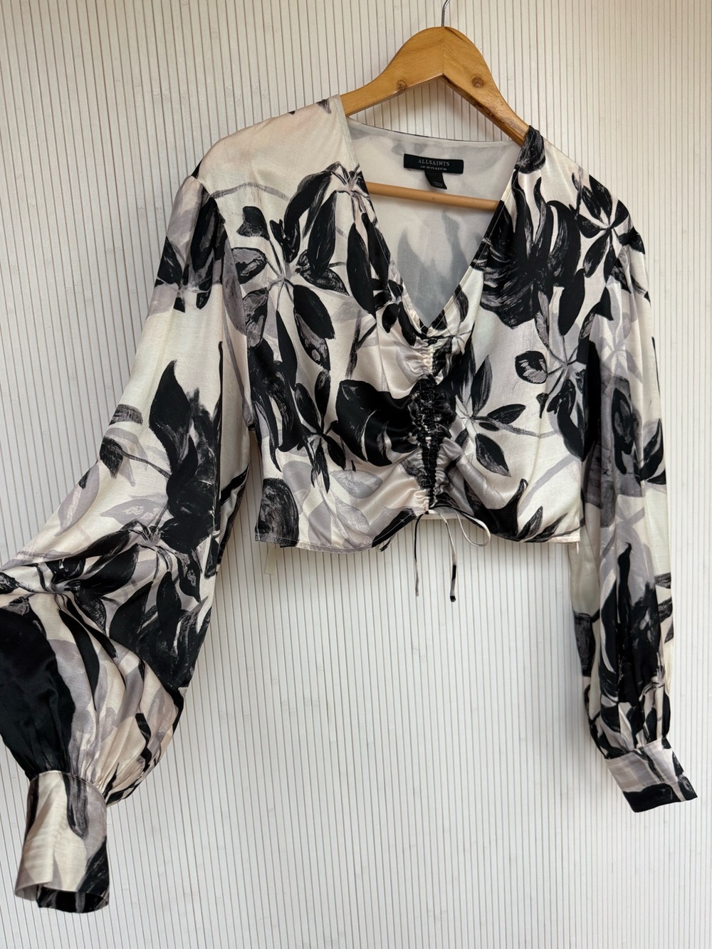 ALLSAINTS Silk Carla Jackie Ruched Crop Top Size 6 Black, Silver and Ivory Blous